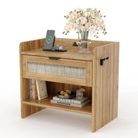 Table de chevet Garvee en rotin avec chargeur USB-C, 1 tiroir, compartiment ouvert, idéale pour la chambre et le bureau, en bois robuste, 60 x 39 x 56 cm, marron