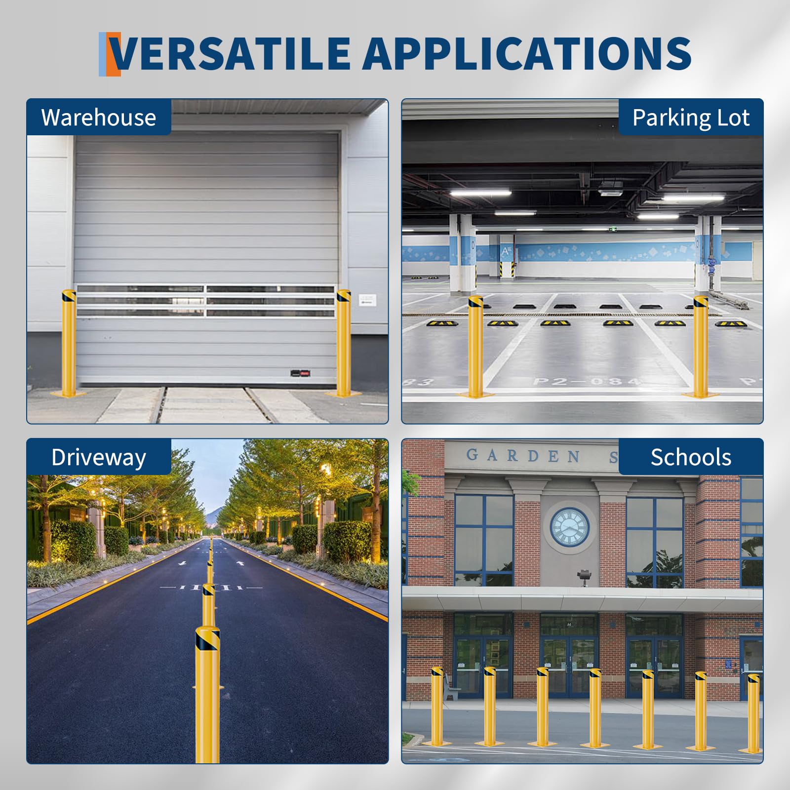 Boules de sécurité en acier renforcé Garvee, 107 cm (42 pouces), diamètre 11,4 cm (4,5 pouces), poteaux amovibles pour entrepôt et parking, bande réfléchissante, boulons d'ancrage, robustes et résistantes aux intempéries