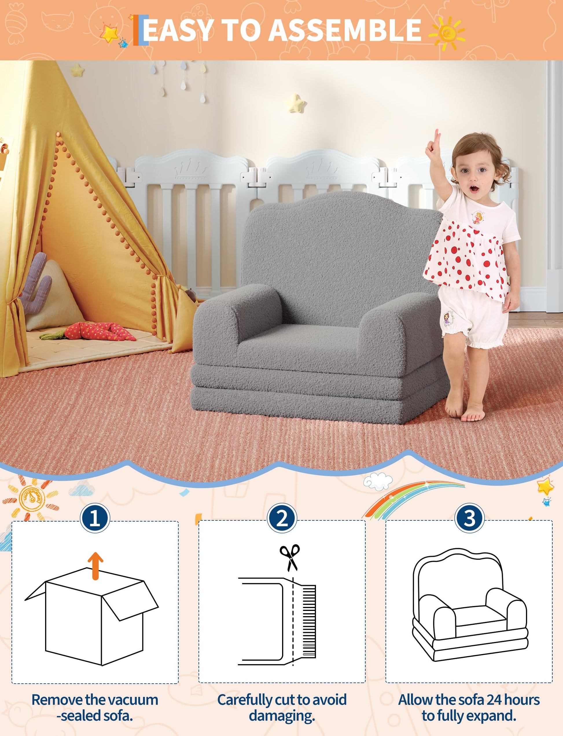 Canapé enfant convertible 2 en 1 Garvee, très confortable, en mousse, avec revêtement en sherpa doux et antidérapant, de couleur grise, idéal pour la salle de jeux. Léger et sûr.