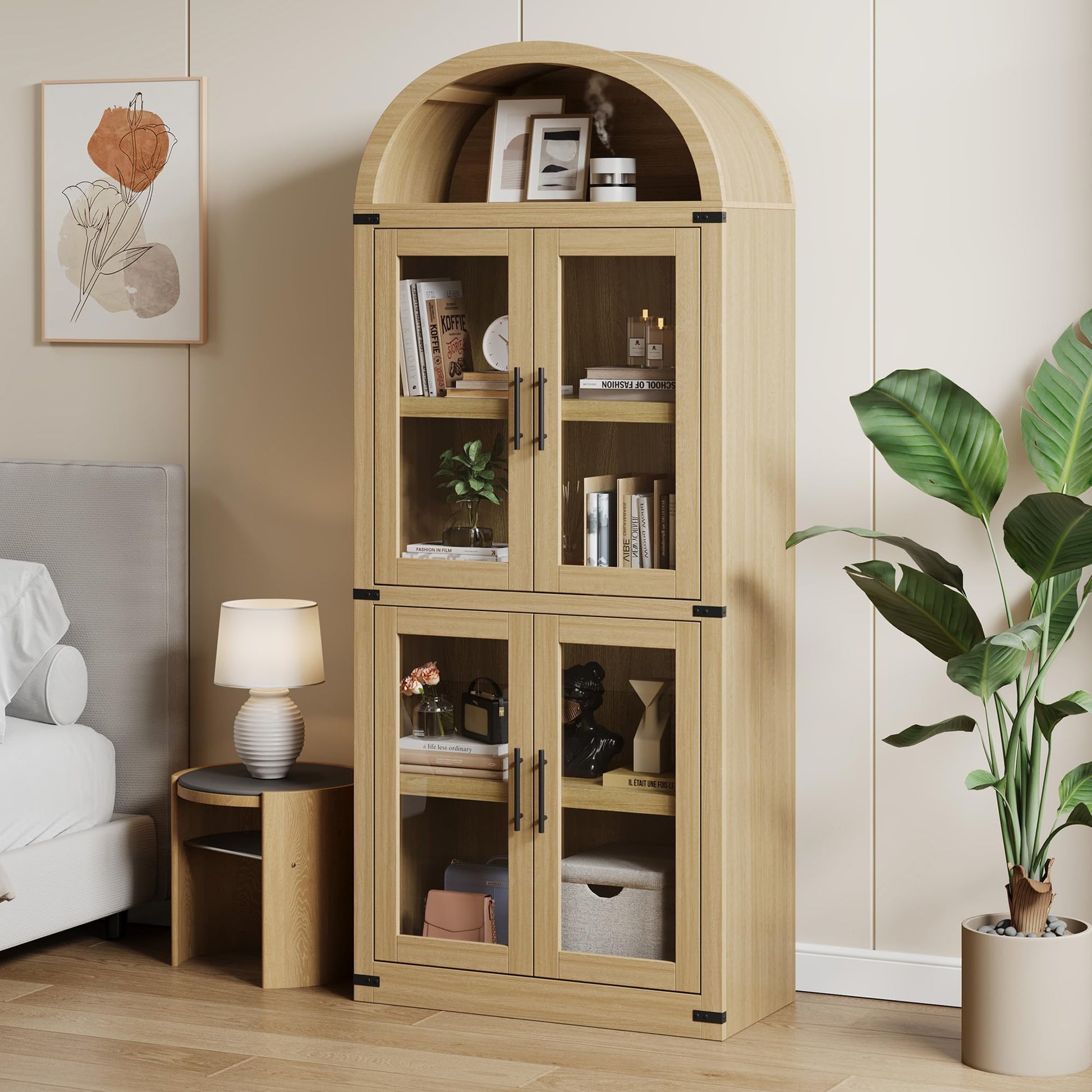 Garvee Bibliothèque Arquée avec Portes en Verre, Armoire de Rangement Style Campagne en MDF, 181,2 cm, pour Salon et Bureau