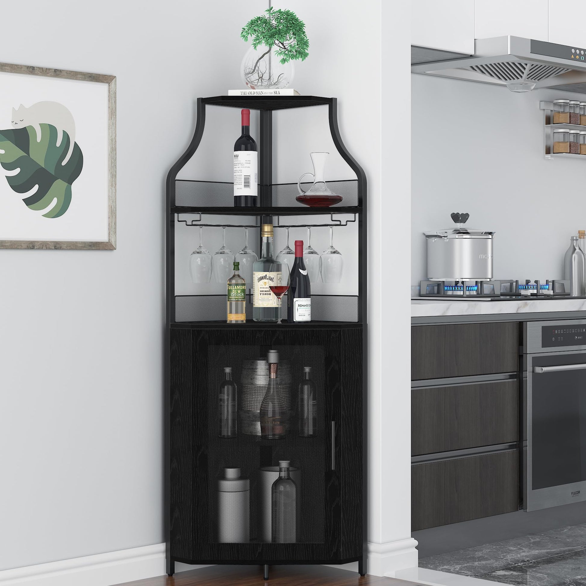 Meuble bar d'angle Garvee, 5 niveaux avec porte-verres, étagères réglables, structure en métal, MDF, porte coulissante de style grange, noir, pour salon et cuisine, 47 x 45 x 154 cm