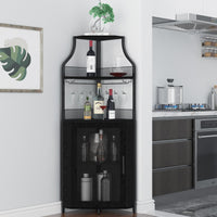 Meuble bar d'angle Garvee, 5 niveaux avec porte-verres, étagères réglables, structure en métal, MDF, porte coulissante de style grange, noir, pour salon et cuisine, 47 x 45 x 154 cm