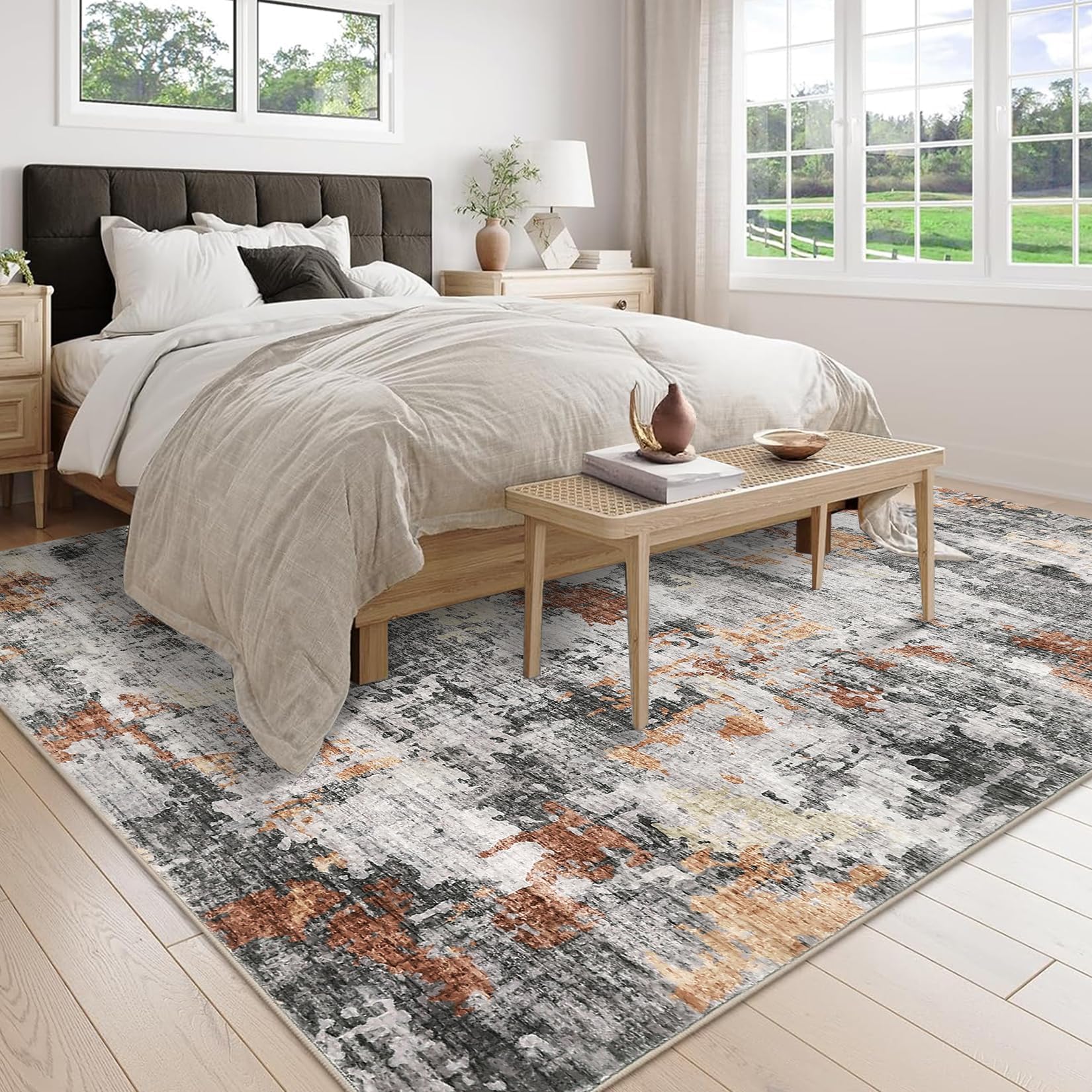 Tapis Garvee moderne lavable, motif abstrait, antidérapant, tissé à plat, pour salon, chambre, salle à manger, couloir, cuisine, orange et gris