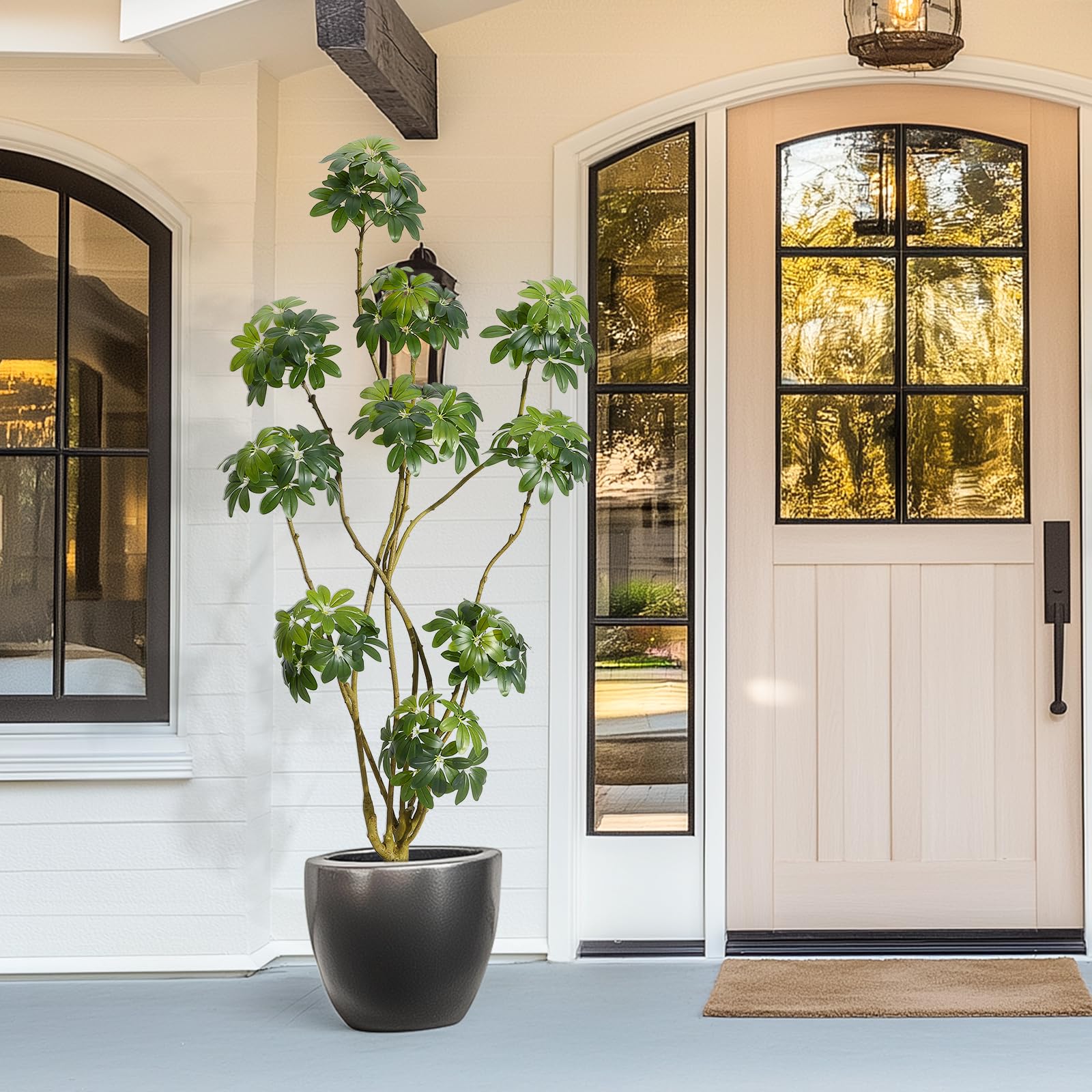 Arbre artificiel d'intérieur Garvee de 2,13 m (7 pi) de haut, à plusieurs tiges, avec parasol et pot en PE blanc. Stable et facile d'entretien. Idéal pour la maison et le bureau.