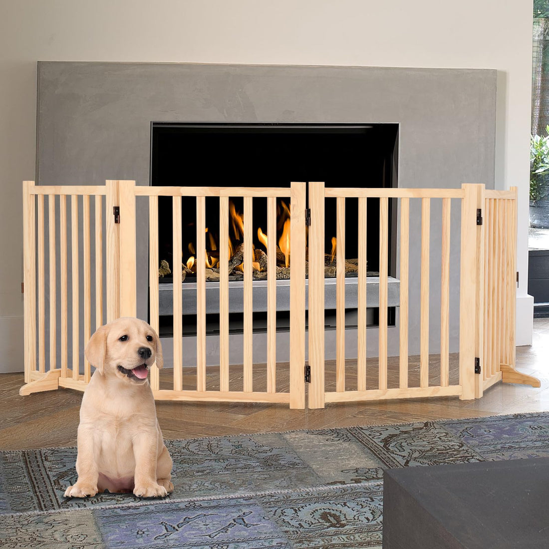 Garvee Barrière pour Chien Autoportante en Bois de Pin, 4 Panneaux, 61 cm de Hauteur, Non Peinte et Antidérapante, pour Maison et Escaliers