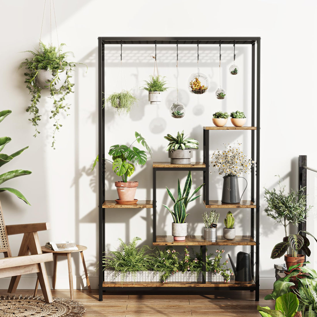 Garvee Support pour plantes d'intérieur, structure métallique à 5 niveaux avec crochets pour balcon et salon, 180 cm (70, 23 cm), marron