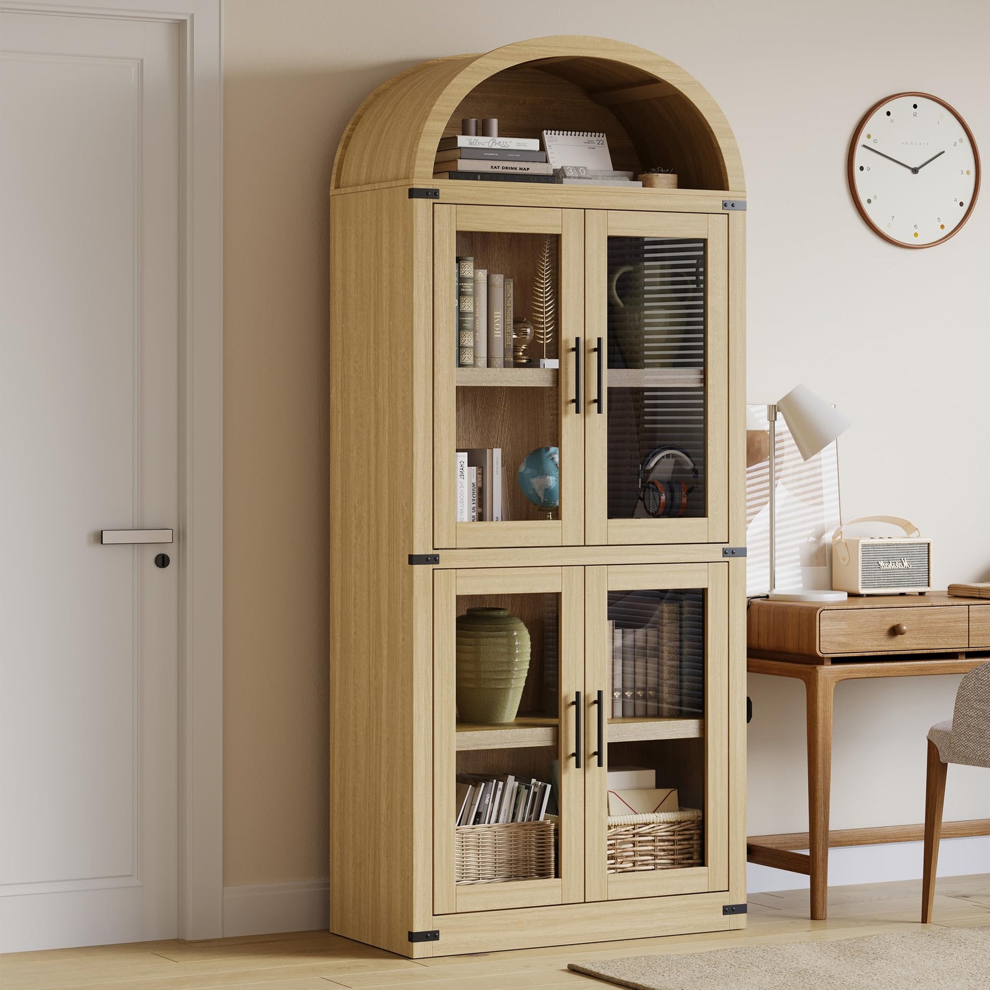 Garvee Bibliothèque Arquée avec Portes en Verre, Armoire de Rangement Style Campagne en MDF, 181,2 cm, pour Salon et Bureau