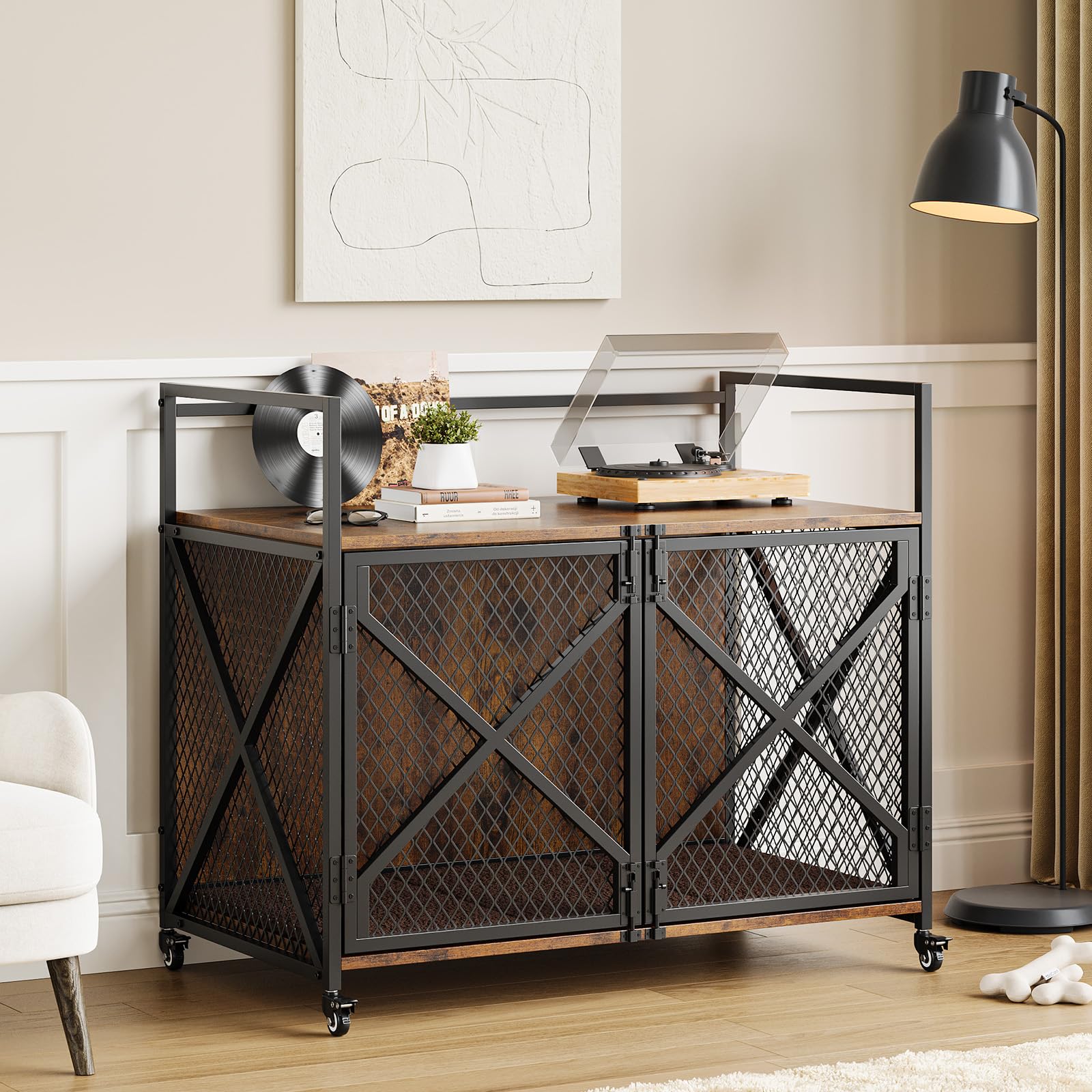 Cage pour chien Garvee de 79 cm (31 pouces) avec double porte verrouillable, roulettes pivotantes à 360°, en fer et bois, couleur marron rustique, pour chiens de petite et grande taille, idéale pour le salon.