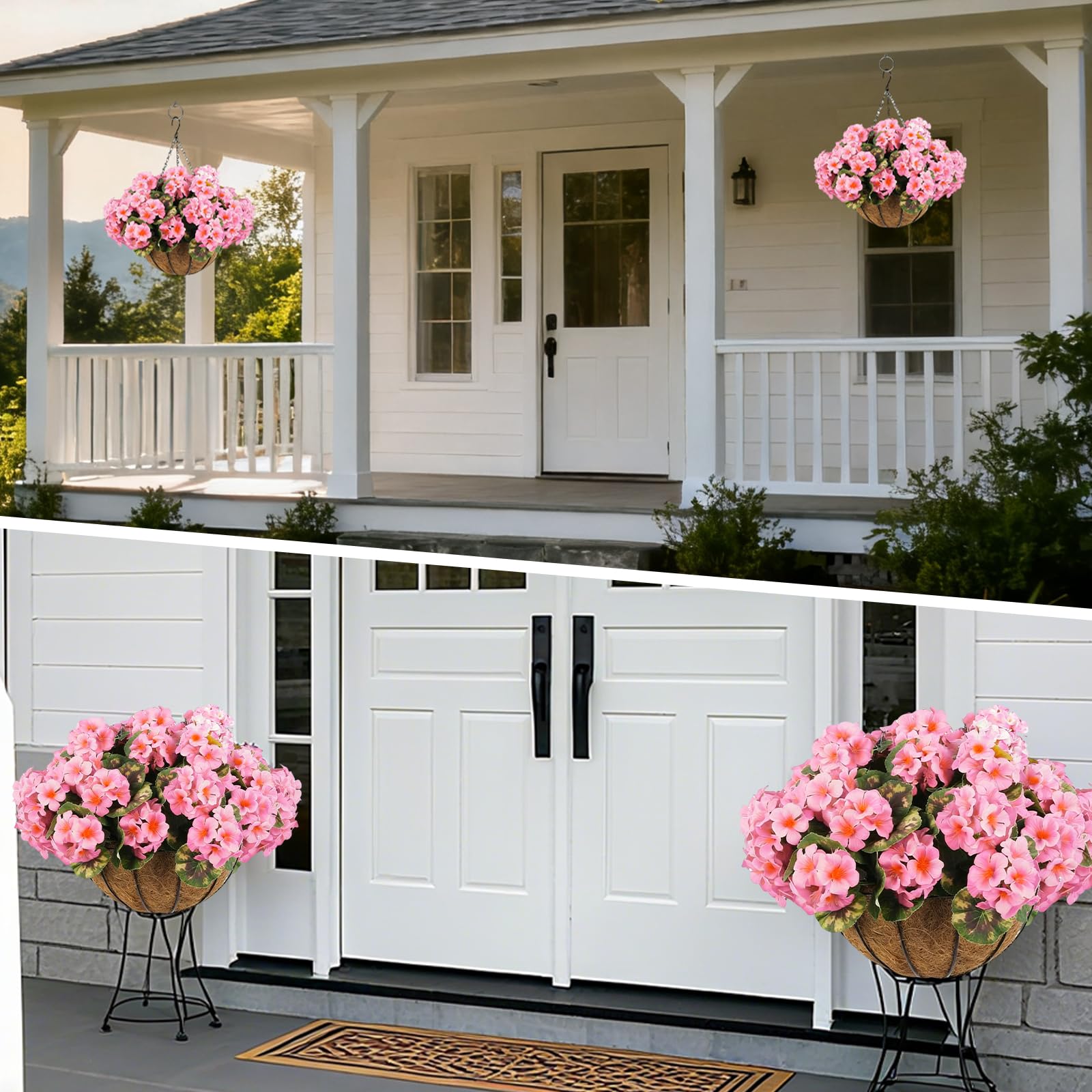 Garvee Ensemble de 12 géraniums artificiels roses, résistants aux intempéries, à suspendre, pour jardin et terrasse, panier marron