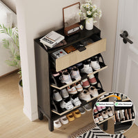 Meuble à chaussures Garvee avec 2 tiroirs abattants, style campagnard cannelé, pieds en métal, noir et chêne, pour entrée et couloir, étroit