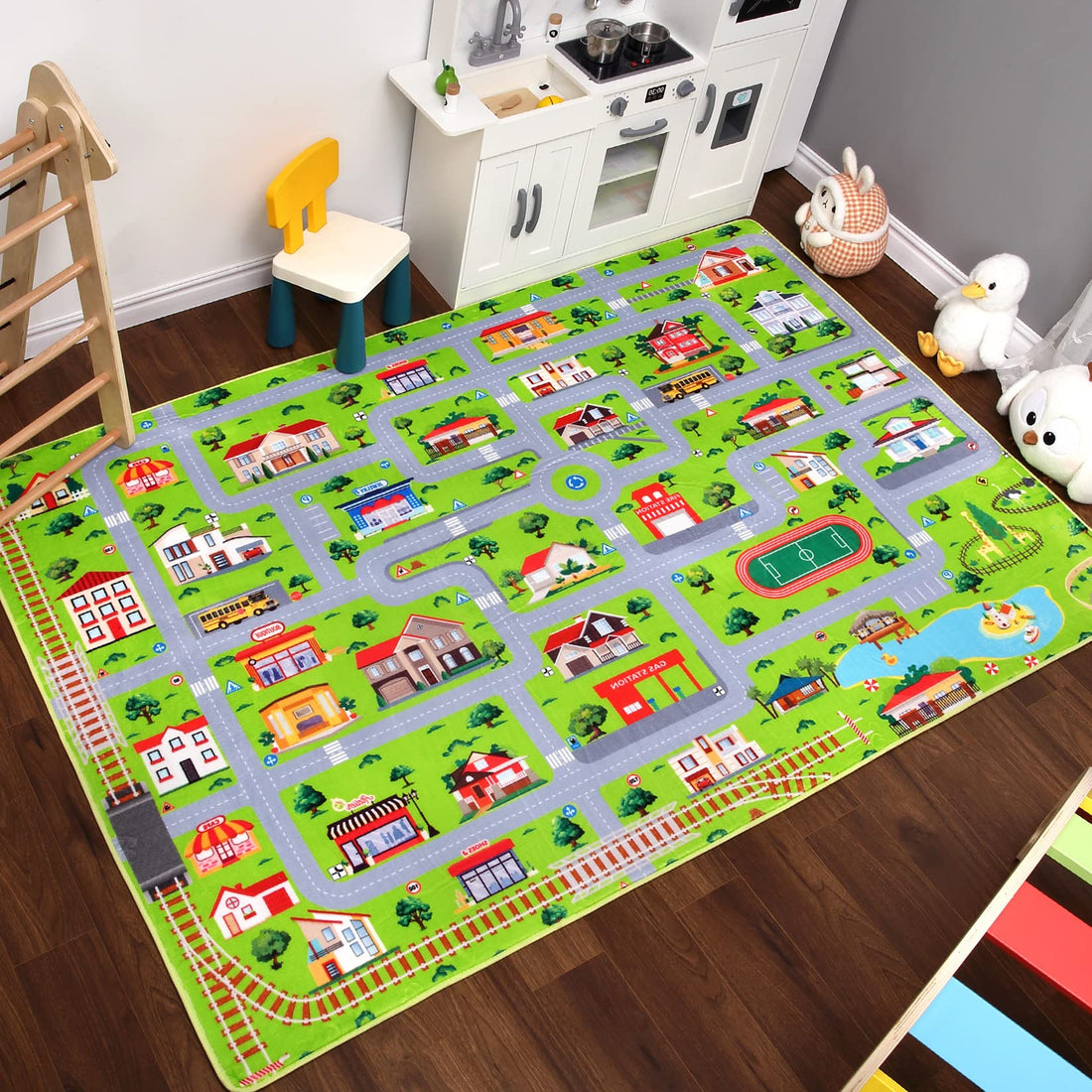 Tapis d'éveil antidérapant Garvee pour enfants, 140 x 200 cm, motif ville et rue, idéal pour la chambre d'enfant, la salle de jeux ou le salon. Doux et facile à nettoyer.