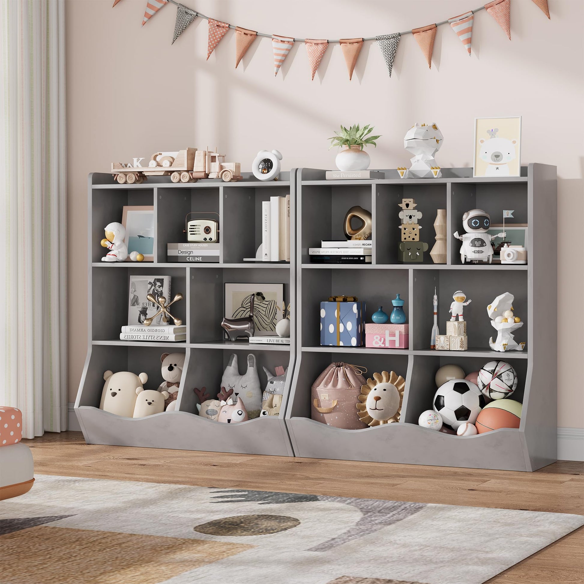 Meuble de rangement pour jouets Garvee gris pour enfants, étagère à 3 niveaux, robuste, anti-basculement, 5 étagères, chambre et salle de jeux, bois, gris