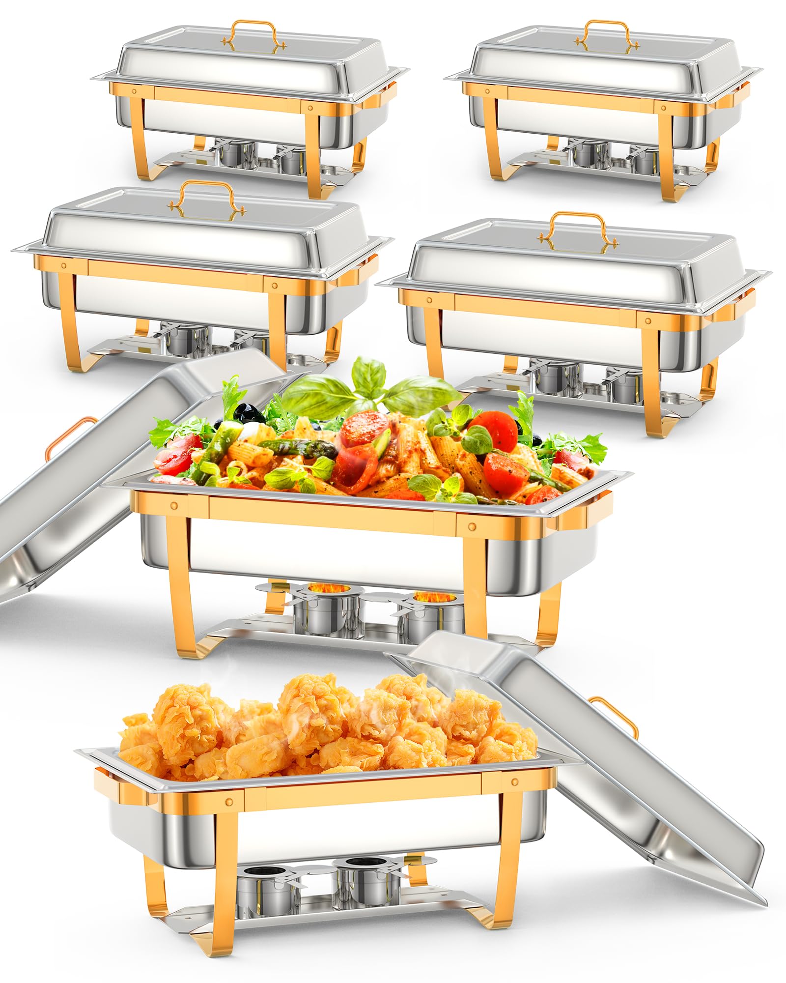 Garvee, ensemble de 6 plats chauffants rectangulaires de 8 L pour buffet, en acier inoxydable doré, pour réceptions et banquets.