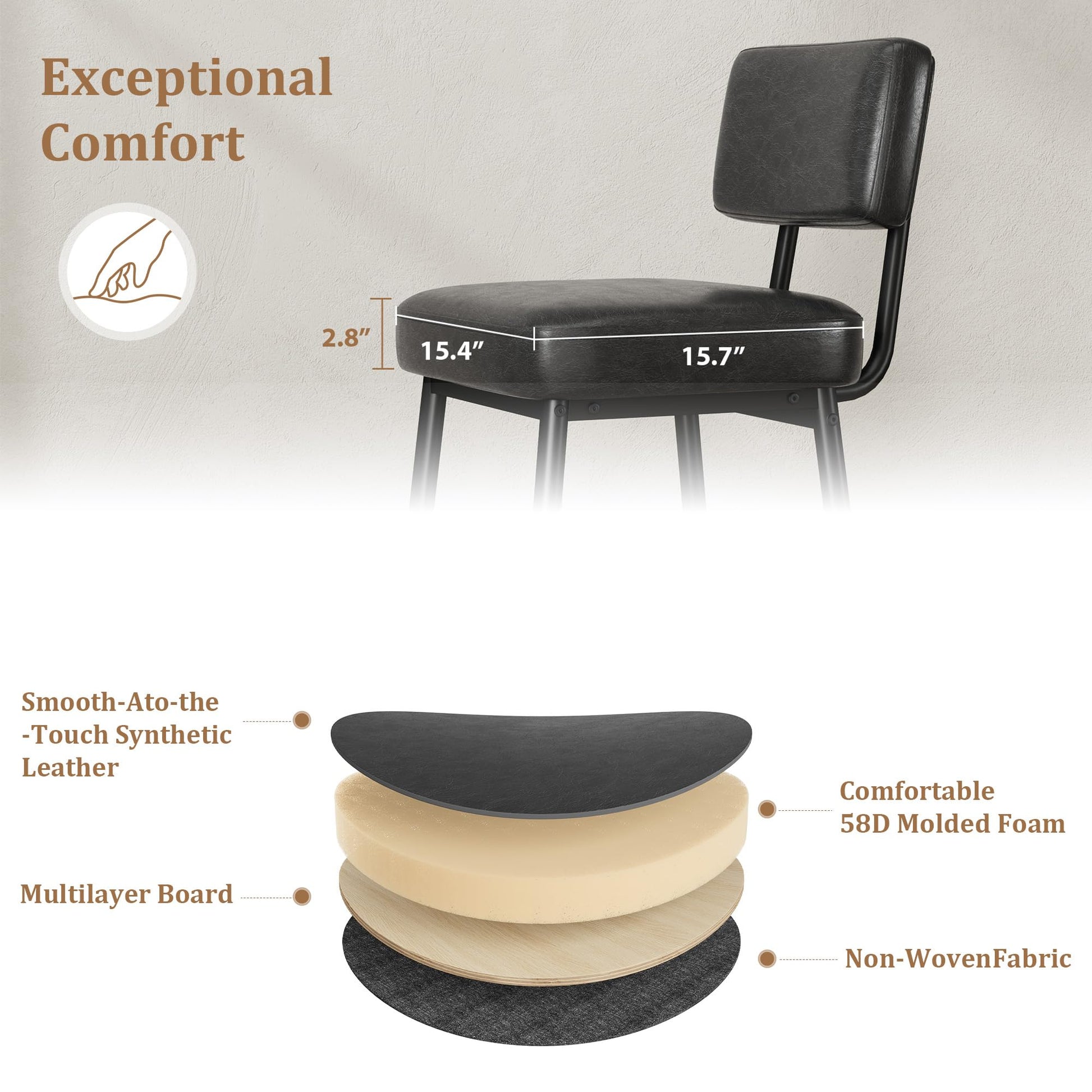 Ensemble de 2 tabourets de bar Garvee, 66 cm (26 po), revêtement en similicuir, dossier ergonomique, pieds en métal, pour îlot de cuisine, noir