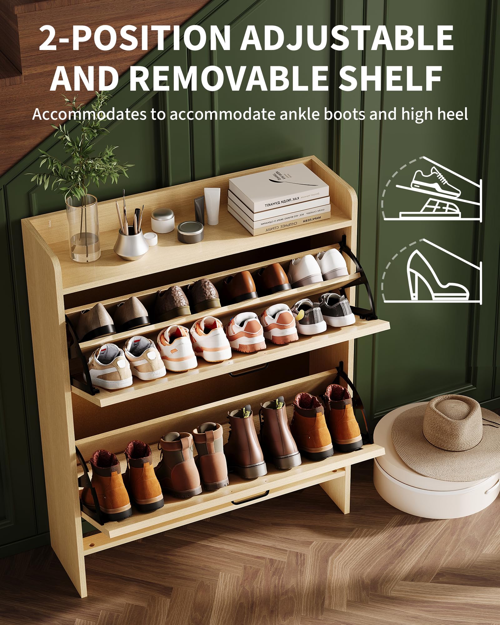 Rangement à chaussures Garvee avec 2 tiroirs pliables, marron rustique, pour entrée et couloir, durable, gain de place, en bois