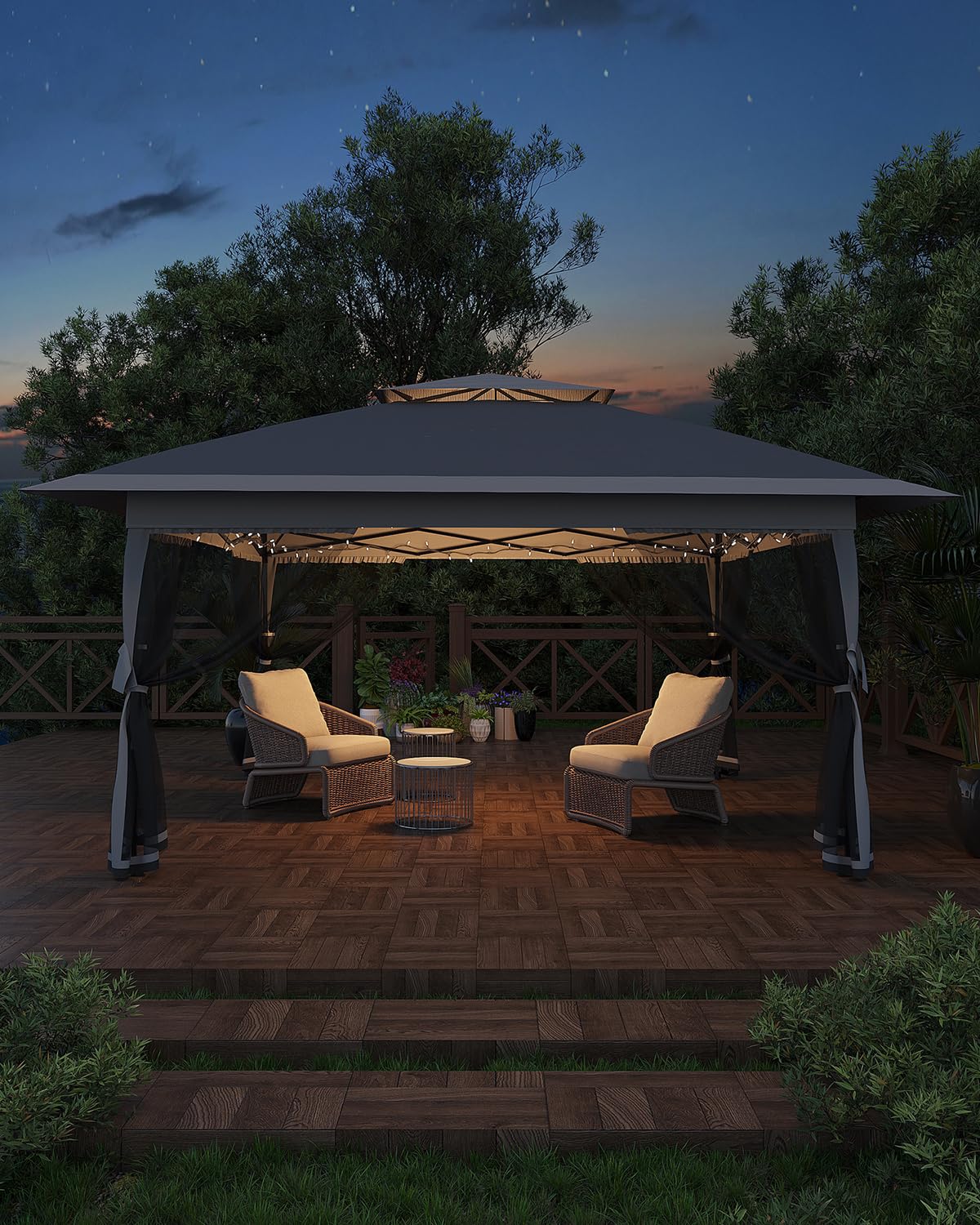 Garvee Tonnelle Pliante 3,65 × 3,65 m avec Auvent Rétractable, Moustiquaire, Structure Acier, Hauteur Réglable, Imperméable, Gris Foncé et Gris Clair