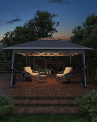 Garvee Tonnelle Pliante 3,65 × 3,65 m avec Auvent Rétractable, Moustiquaire, Structure Acier, Hauteur Réglable, Imperméable, Gris Foncé et Gris Clair