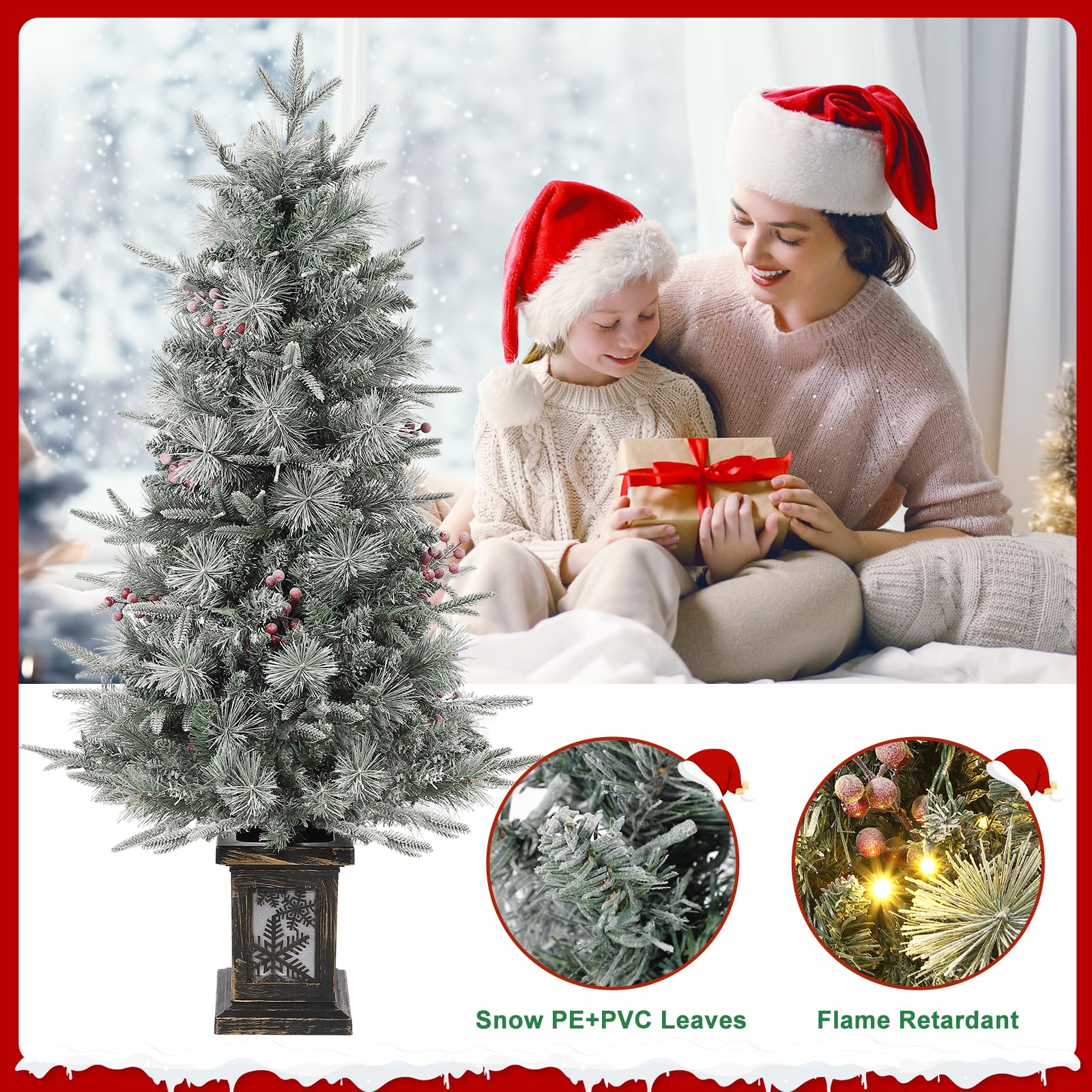 Sapin de Noël Garvee 125 cm – Avec lumières et décorations, socle flocon de neige pour une ambiance hivernale magique