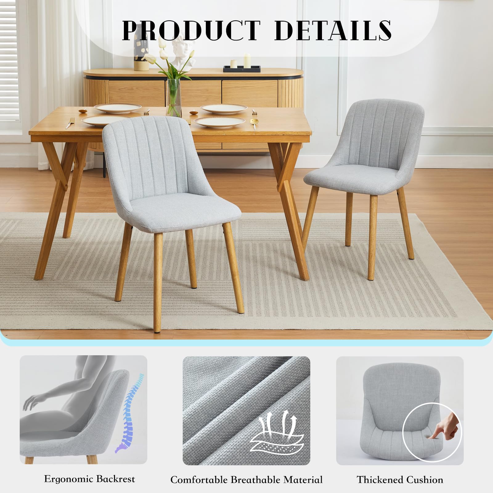 Garvee Ensemble de 2 chaises de salle à manger avec revêtement en tissu moderne, dossier ergonomique, structure en chêne massif, pieds antidérapants, supporte jusqu'à 136 kg, coloris neutre. Idéales pour la cuisine et la salle à manger.
