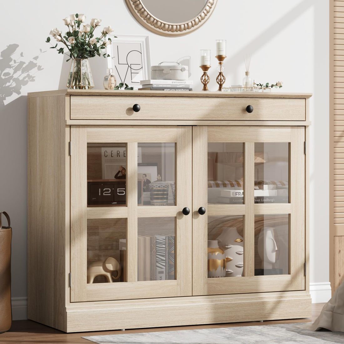 Buffet Garvee 90 cm avec porte vitrée, étagères réglables, fermeture amortie, chêne, salle à manger et cuisine, construction robuste, montage facile