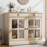 Buffet Garvee 90 cm avec porte vitrée, étagères réglables, fermeture amortie, chêne, salle à manger et cuisine, construction robuste, montage facile