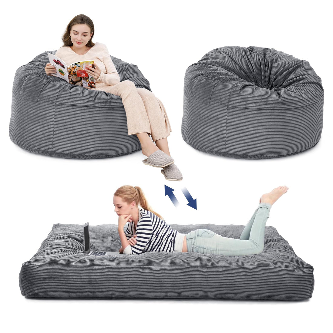 Garvee Pouf géant pour adultes, convertible en lit pouf 2 en 1, housse en velours côtelé lavable, gris clair, pour salon et chambre