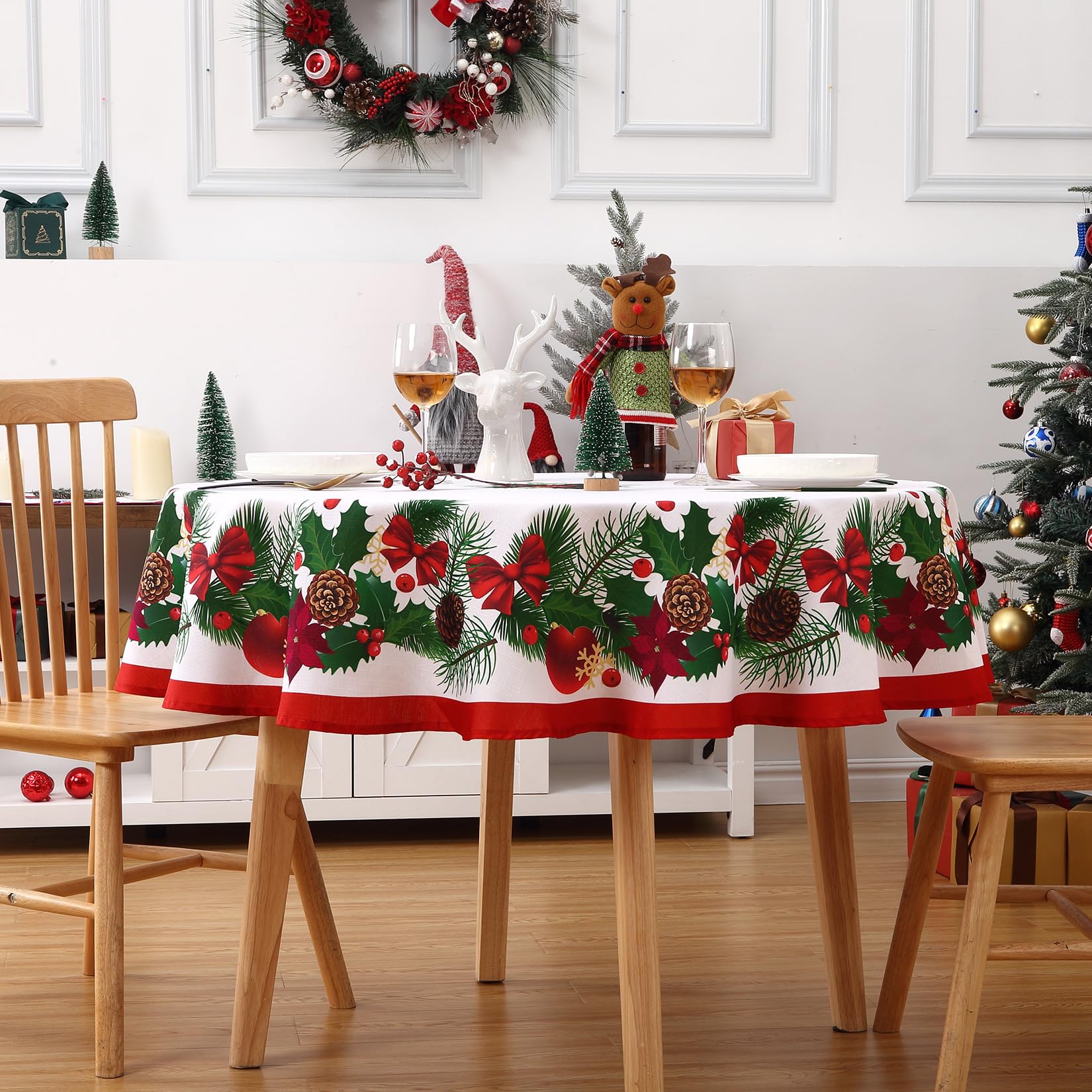 Nappe ronde Garvee Christmas 60 pouces à motif de feuilles, en polyester imperméable et résistant à la chaleur, idéale pour la salle à manger et le salon.