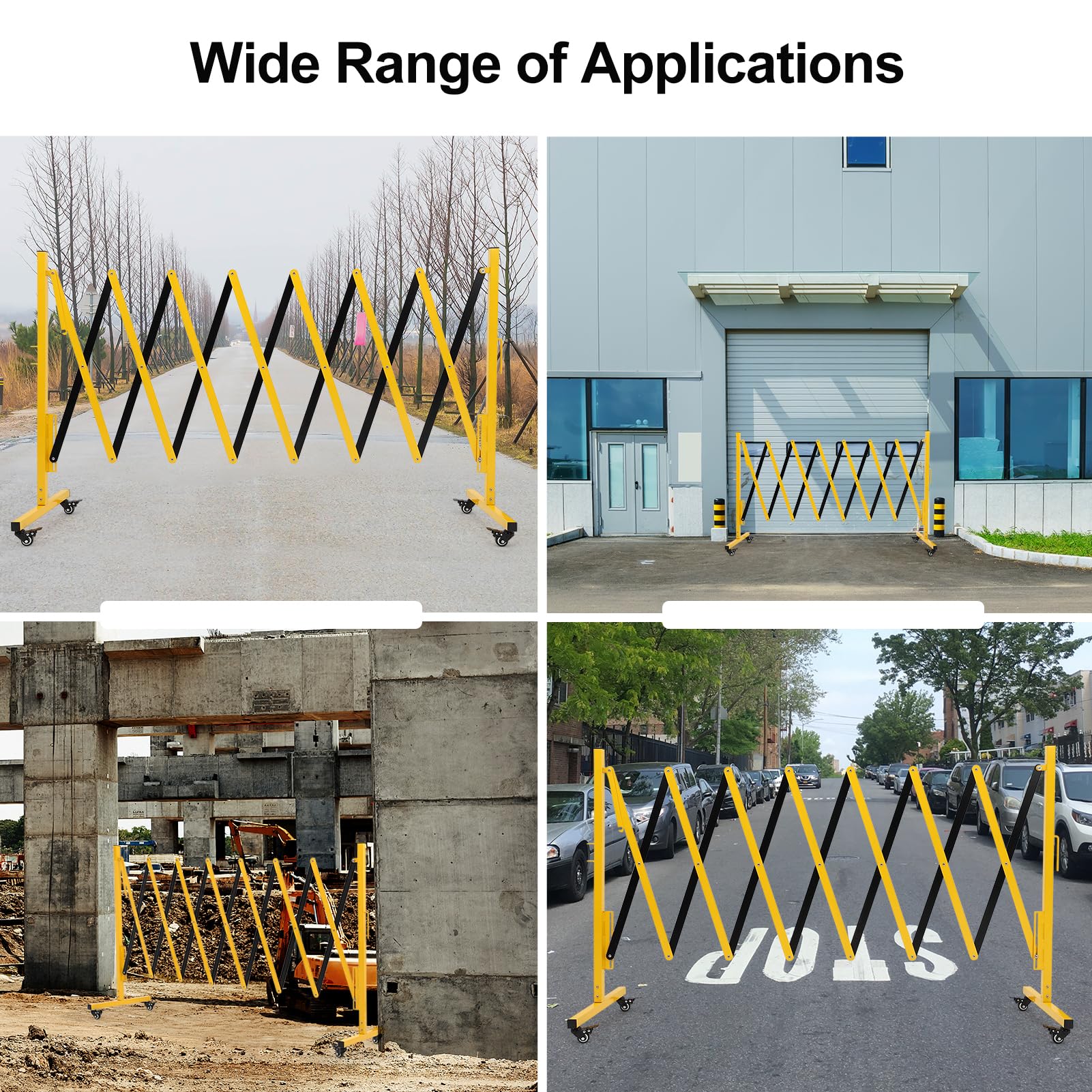 Barrière métallique extensible industrielle Garvee de 3,35 m (11 pi) avec roues, pliable, en alliage d'aluminium, pour chantiers et parkings, robuste et facile à assembler.