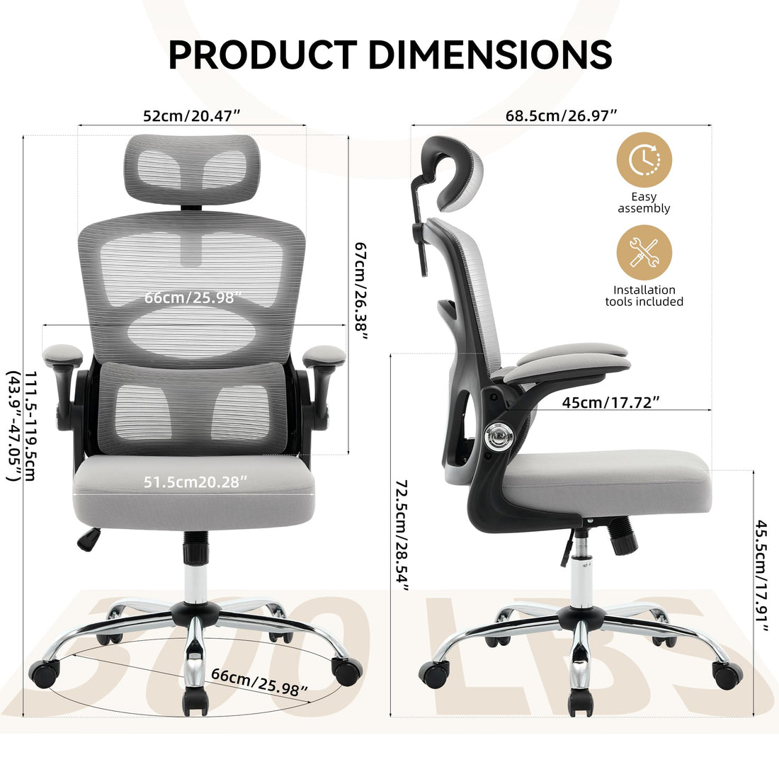 Garvee chaise de bureau ergonomique en maille avec roulettes, appui-tête réglable, pied galvanisé, grise
