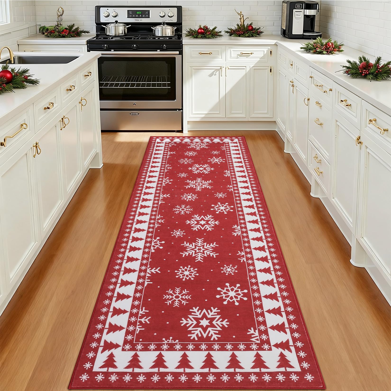 Chemin de table romantique de Noël Garvee avec flocons de neige, antidérapant, ultra-doux, en microfibre TPE antidérapante, 60 x 180 cm, pour salon et couloir, lavable