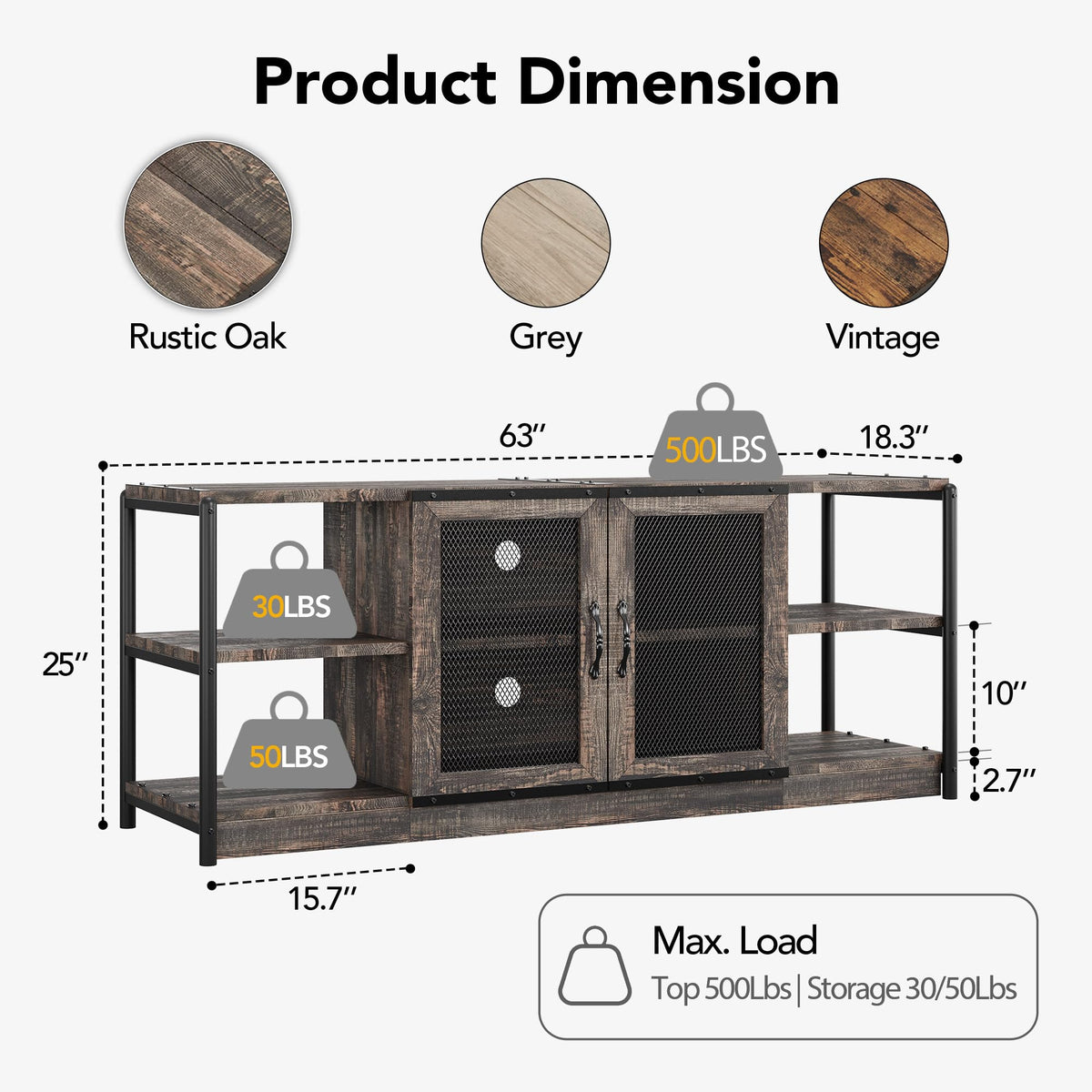 Garvee Meuble TV style ferme pour téléviseurs 65/191 cm avec portes en maille, console multimédia de style industriel, meuble de salon, bois durable