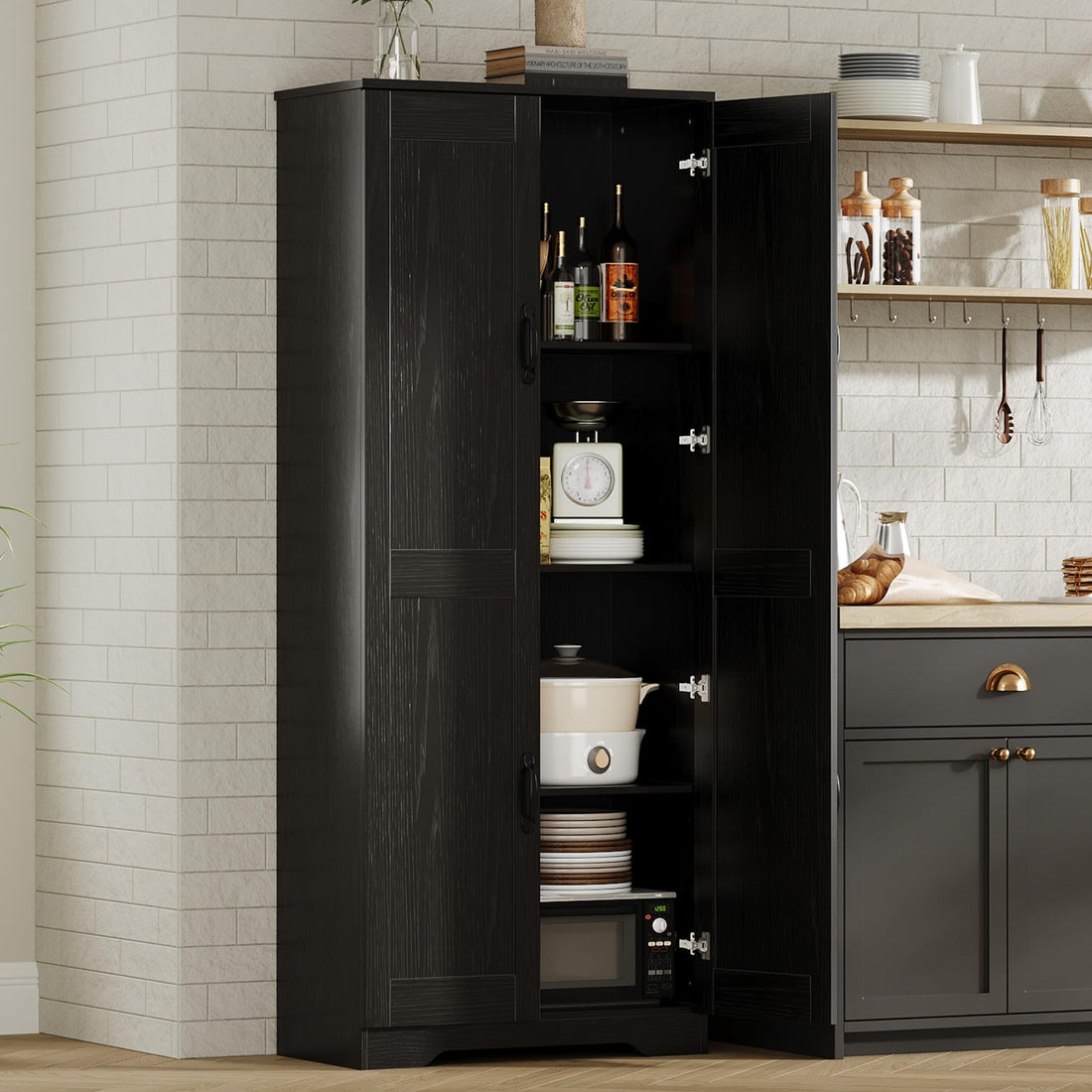 Armoire de rangement haute Garvee 60 po avec 2 portes, étagères réglables, bois P2, poignées en métal, noir, pour cuisine et salle de bain, autoportante, 23,6 po L x 11,9 po P x 60 po H