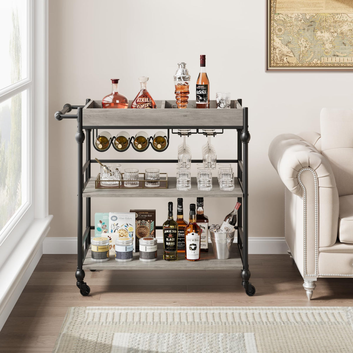 Garvee Chariot à boissons industriel gris avec roues, 3 niveaux, plateau amovible, support pour verres et range-bouteilles, pour salon et salle à manger