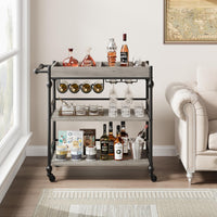 Garvee Chariot à boissons industriel gris avec roues, 3 niveaux, plateau amovible, support pour verres et range-bouteilles, pour salon et salle à manger