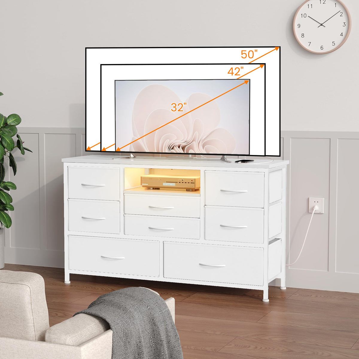 Garvee Meuble TV à 8 tiroirs avec éclairage LED et prise électrique pour salon et chambre, blanc, grand espace de rangement
