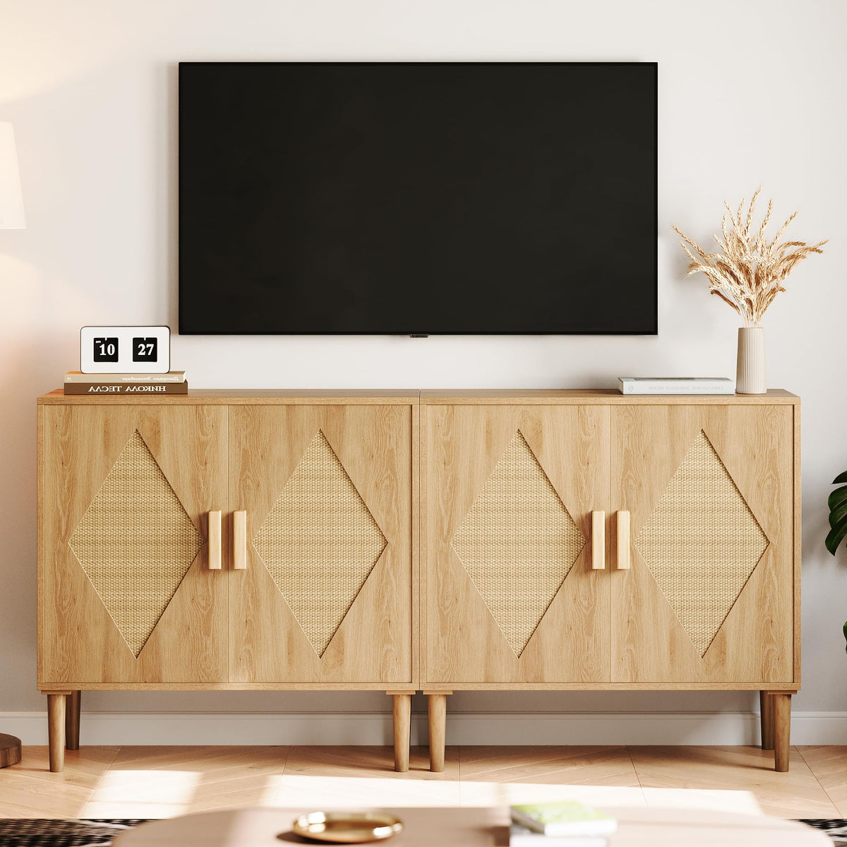 Buffet Garvee avec rangement, décor en rotin, 2 portes, meuble de rangement en bois naturel, salon, salle à manger, naturel