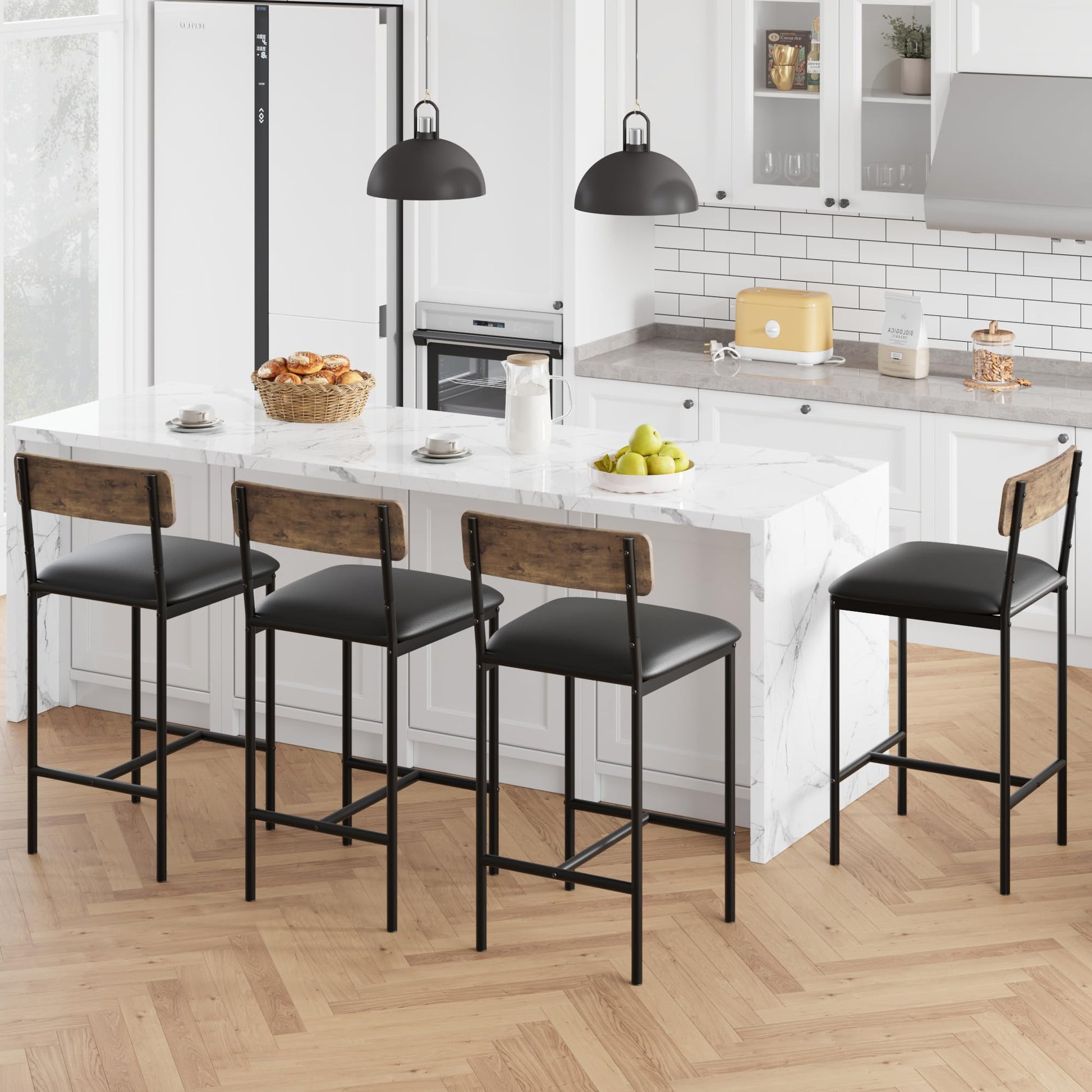 Garvee Lot de 4 tabourets de bar avec dossier rembourré et repose-pieds, style industriel. Pour cuisine, salle à manger, bureau. 37x42x95 cm. Vintage.