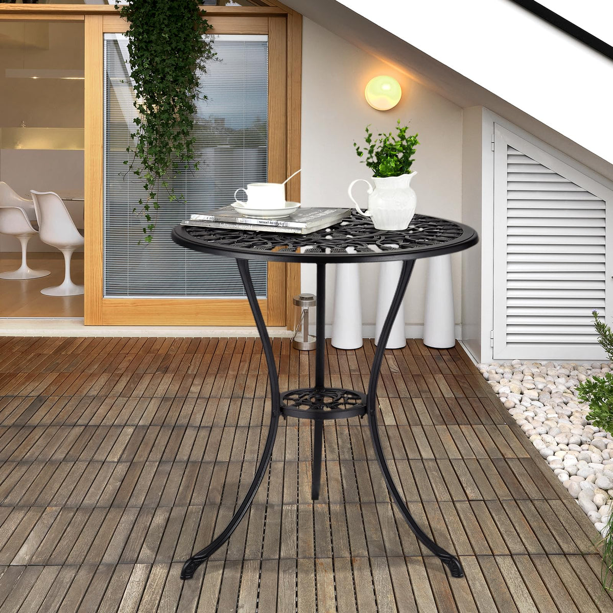 Table bistro d'extérieur ronde Garvee 61 cm (24 po) en fonte avec trou pour parasol de 5 cm (2 po) pour balcon et jardin, noire