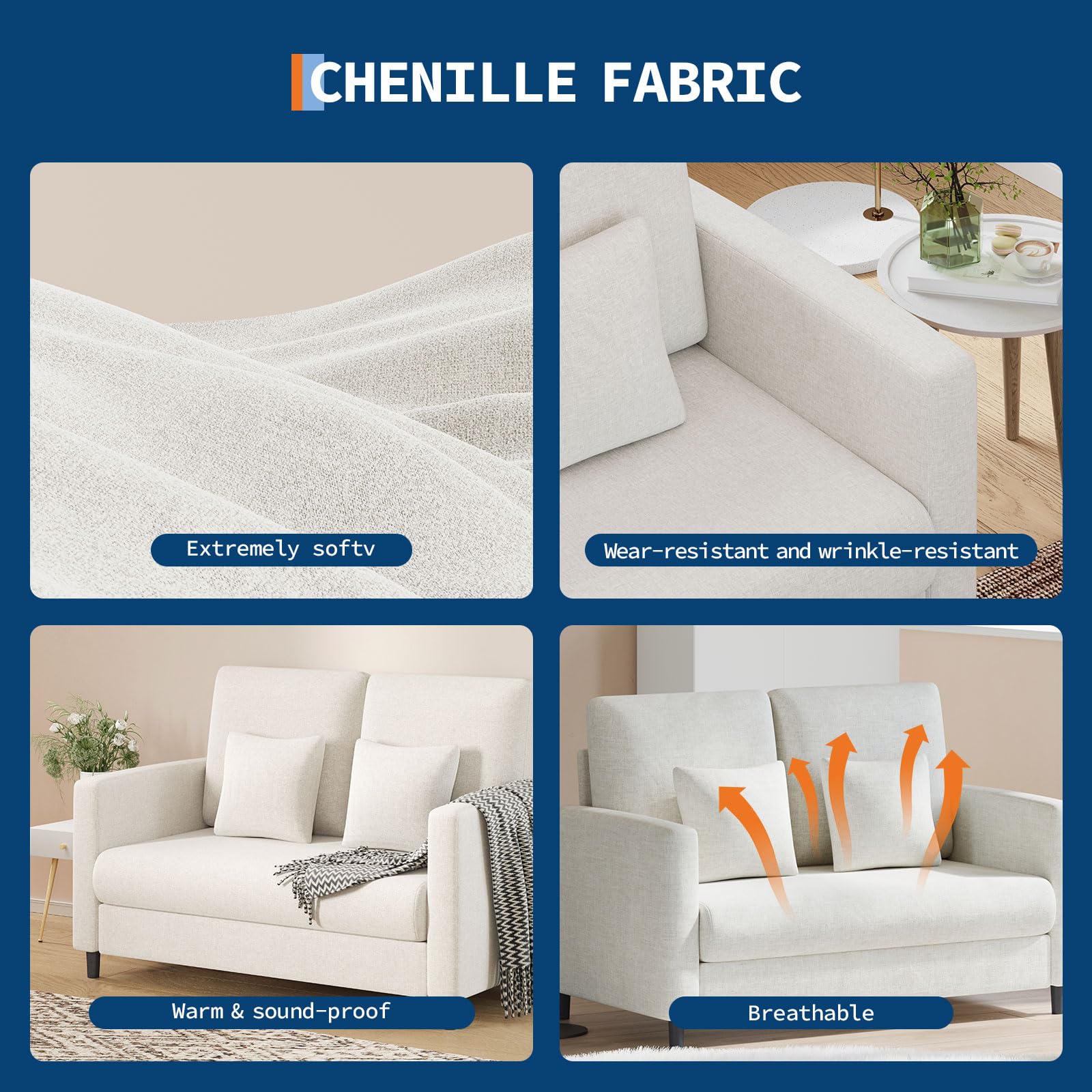 Canapé deux places Garvee 52" avec ressorts ensachés de 7,5", dossier ergonomique, structure en bois massif, beige, pour salon et chambre