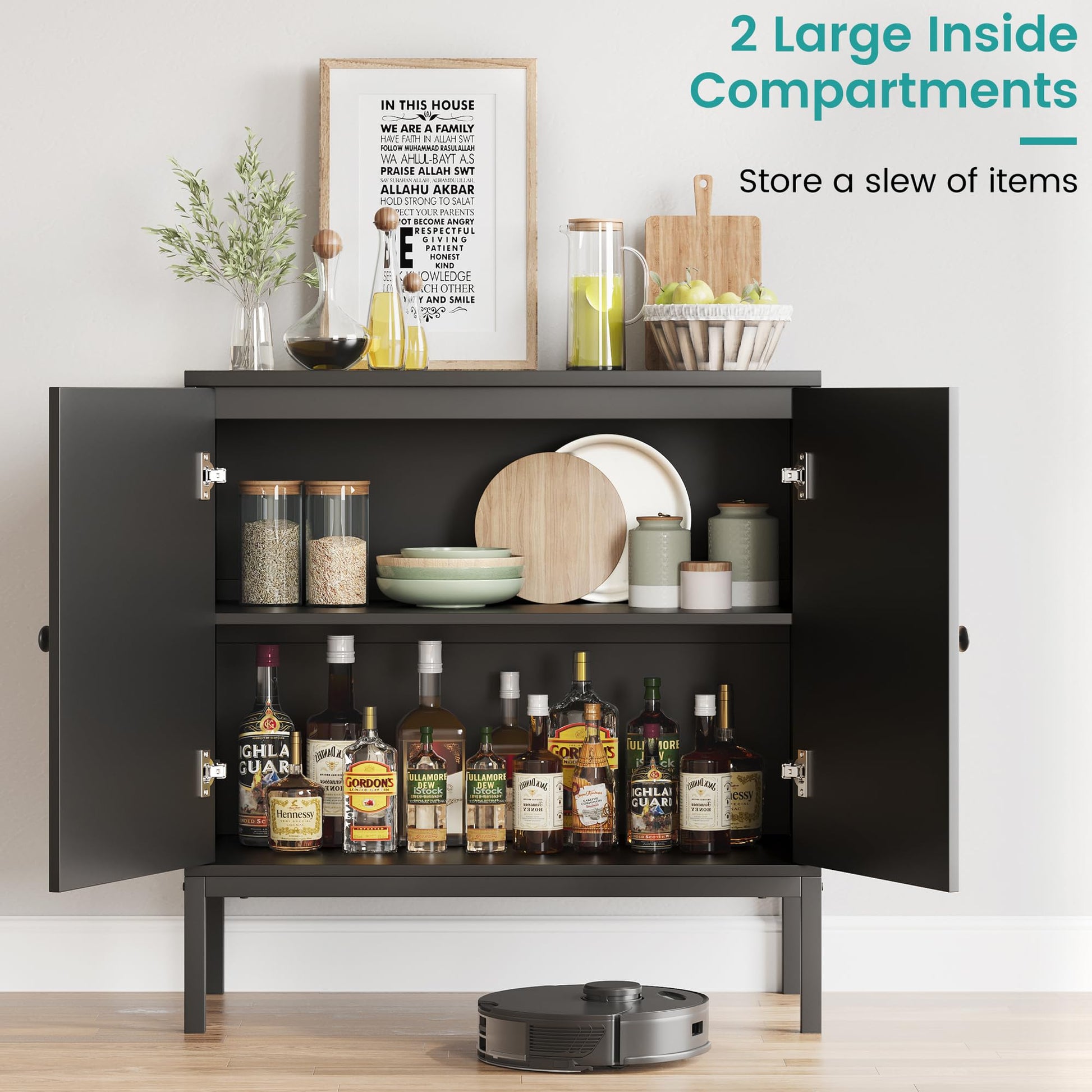 Garvee buffet en rotin tressé à la main, avec portes et étagères, en MDF noir, pour le salon et la salle à manger, 80 × 40 × 83 cm, noir