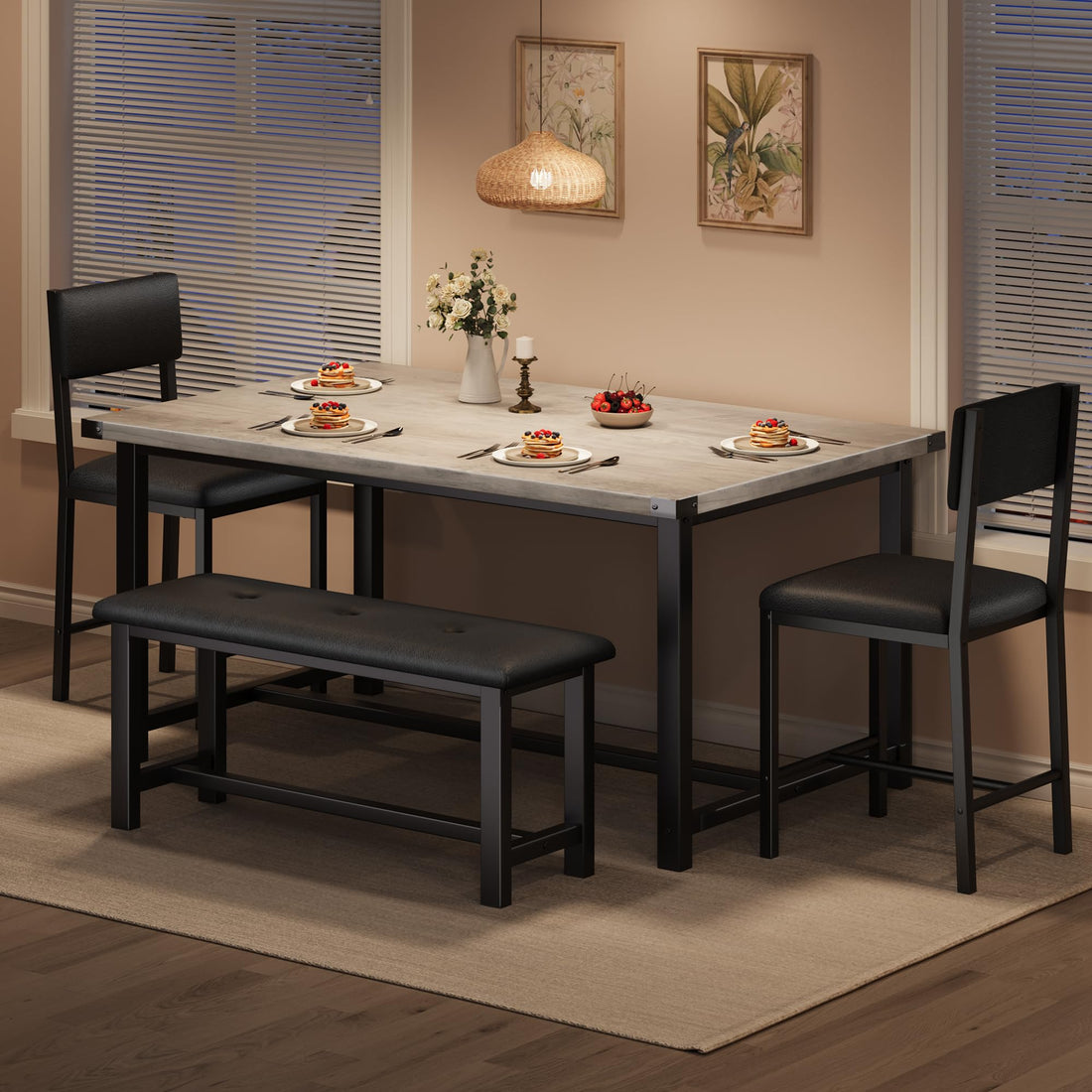 Garvee Ensemble salle à manger 4 personnes avec table, 2 chaises rembourrées et banc, MDF robuste, gain de place, facile à nettoyer, idéal petits appartements.