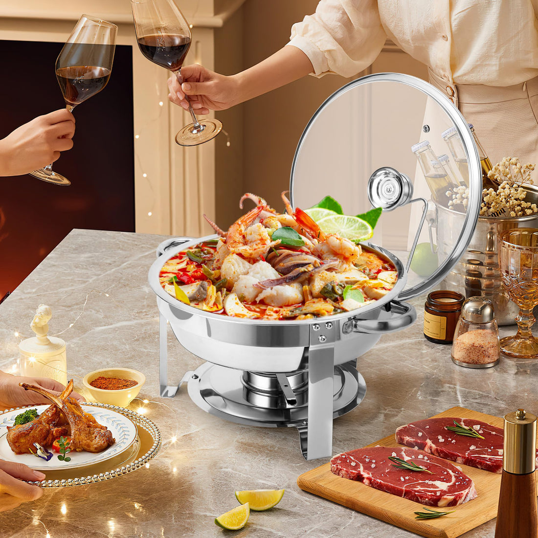 Garvee Lot de 2 chauffe-plats 4,7L en acier inoxydable, couvercle en verre, poignées sûres, nettoyage facile, pour fêtes, banquets et buffets