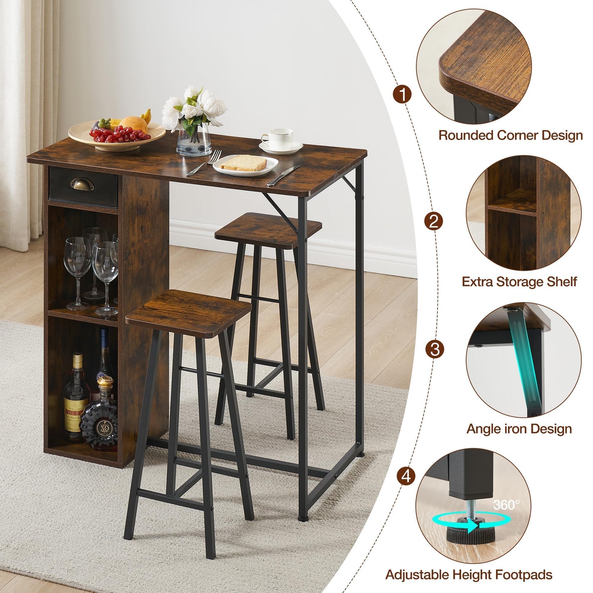 Ensemble table et chaises de bar Garvee avec triple rangement, ensemble bistro pour 2 personnes, structure robuste en fer, plateau en MDF, coussins ergonomiques, compact pour cuisine et bistro.