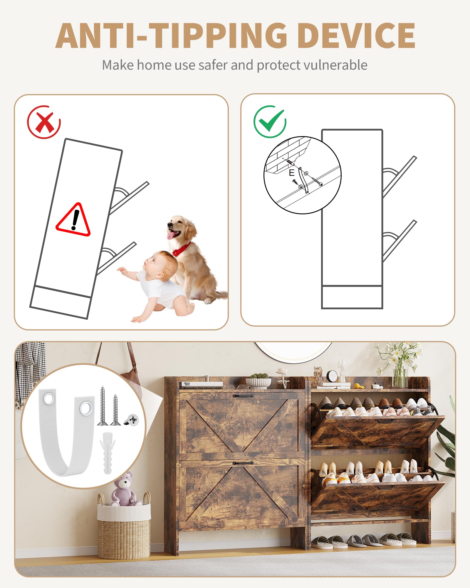 Meuble à chaussures Garvee avec 2 tiroirs pliables, style rustique marron, idéal pour l'entrée et le couloir, gain de place.