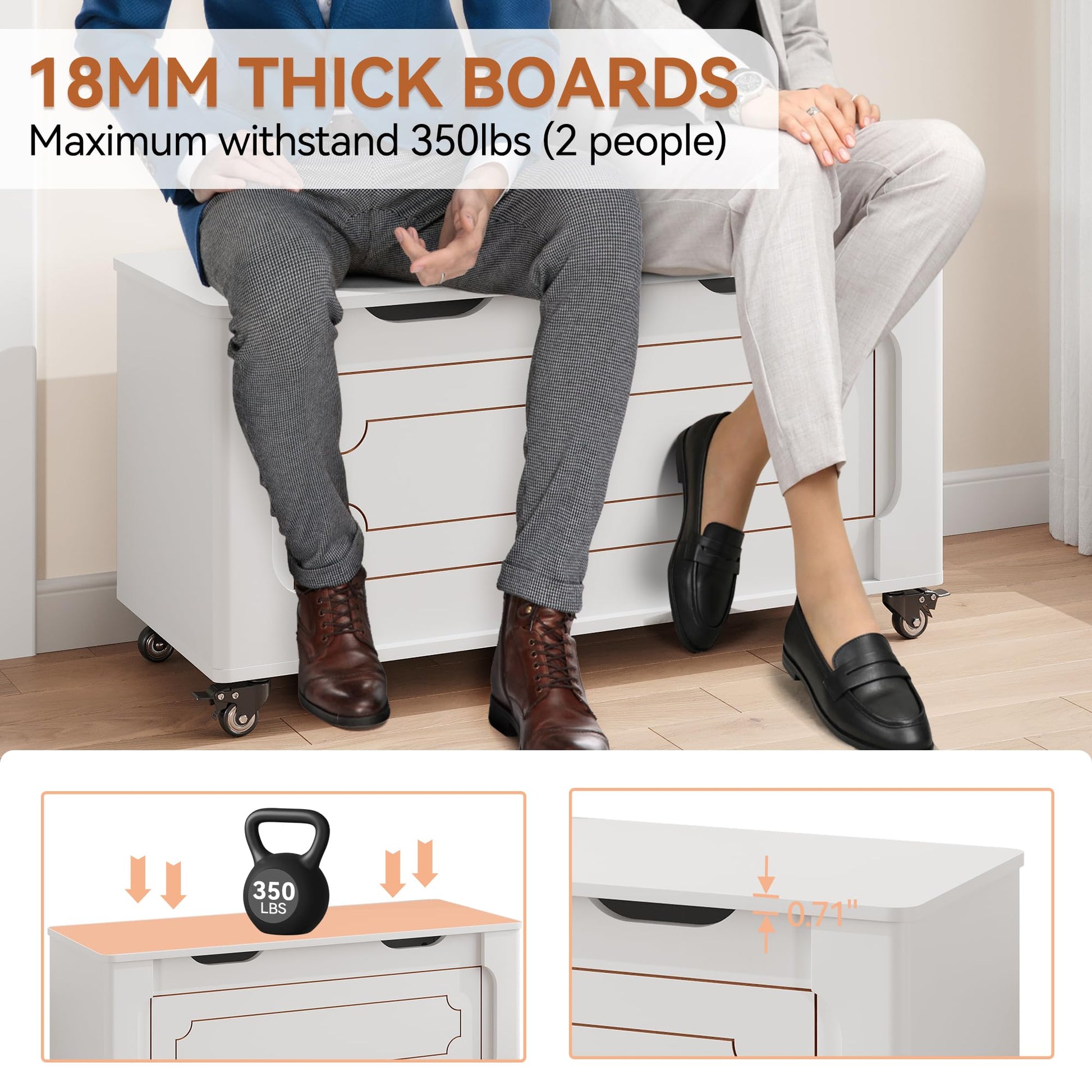 Coffre de rangement Garvee avec 4 roues, 2 charnières de sécurité, banc en bois de 100 cm (39,4 po), capacité de charge de 159 kg (350 lb), blanc, polyvalent pour le salon et le couloir.