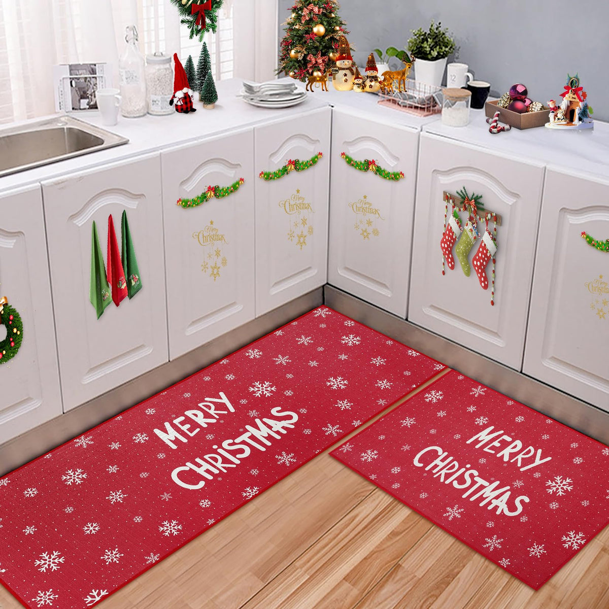 Ensemble de tapis de cuisine Garvee Kerst, 2 pièces, antidérapant, lavable, blanc, imprimé, pour paillasson, couloir, décoration de Noël, 40 x 60 + 40 x 120 cm