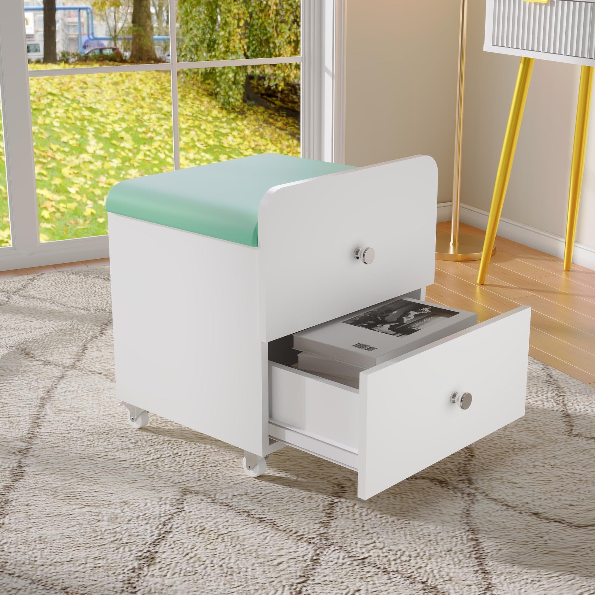 Tabouret de coiffeuse Garvee avec rangement, siège rembourré, tiroir, vert, pour chambre et salon