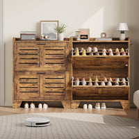 Meuble à chaussures Garvee pour entrée avec 2 tiroirs abattants, organisateur de chaussures étroit en bois P2, ventilé, résistant aux rayures, avec crochets pour entrée et garage, 35 cm, couleur bois