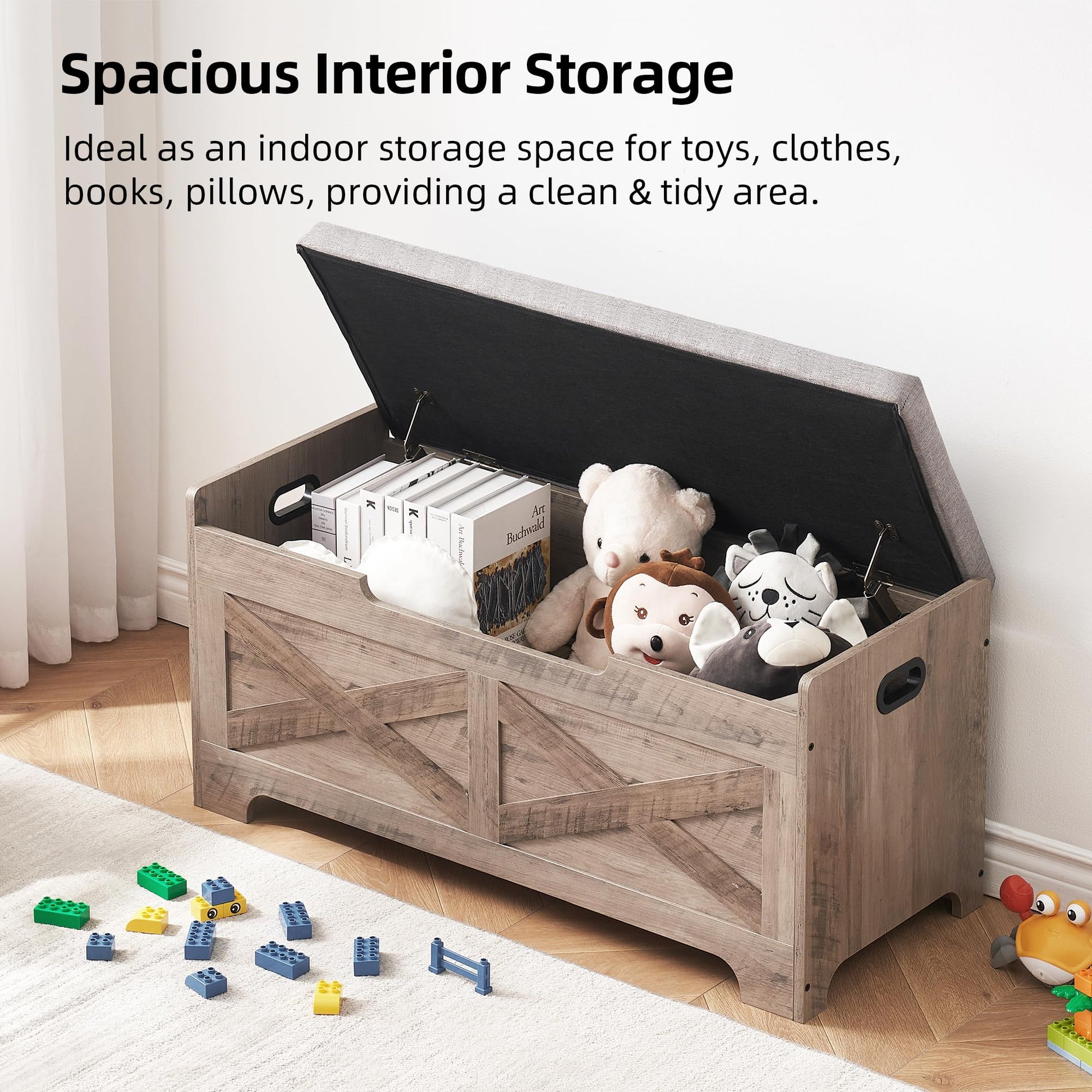Banc de rangement Garvee avec verrou de sécurité, style campagnard, bois gris, pour couloir et chambre