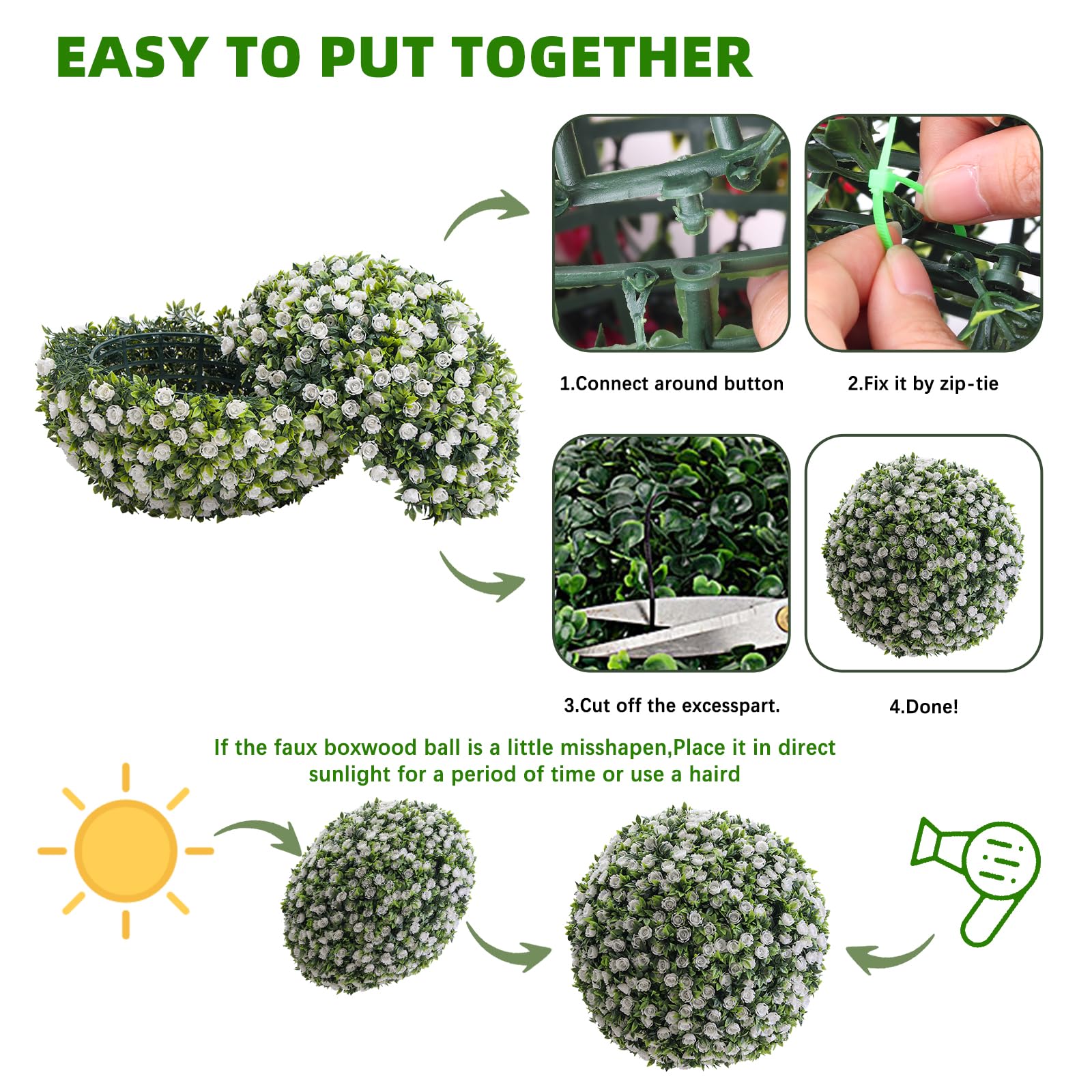 Garvee Lot de 2 Boules de Buis Artificielles 45 cm avec Fleurs, PE Résistant aux UV, pour Mariage et Balcon, Vert Rouge Blanc